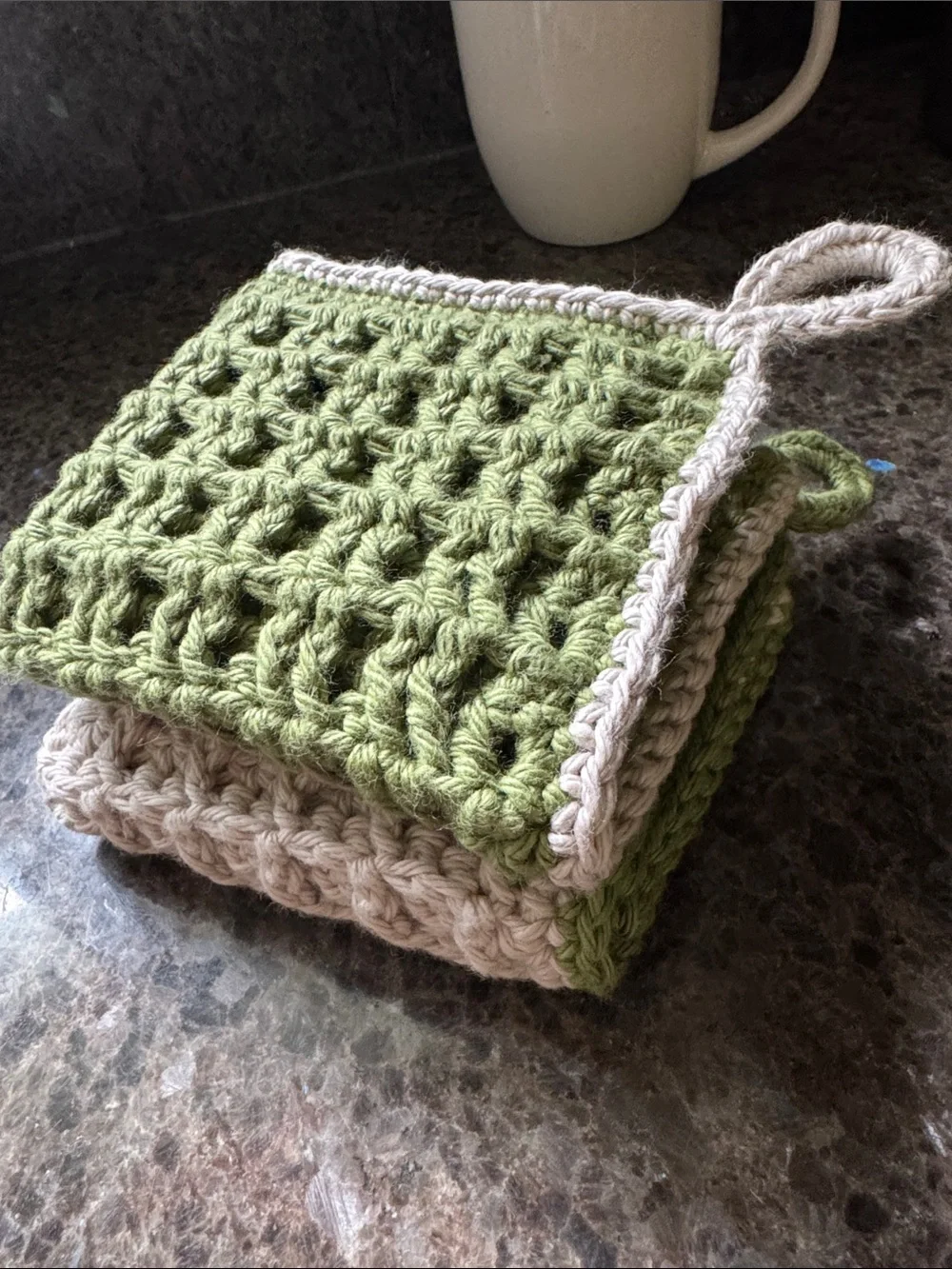 Handmade Crochet Dishcloth Set - Home Accents - Sage Green & Cream - 100% Cotton